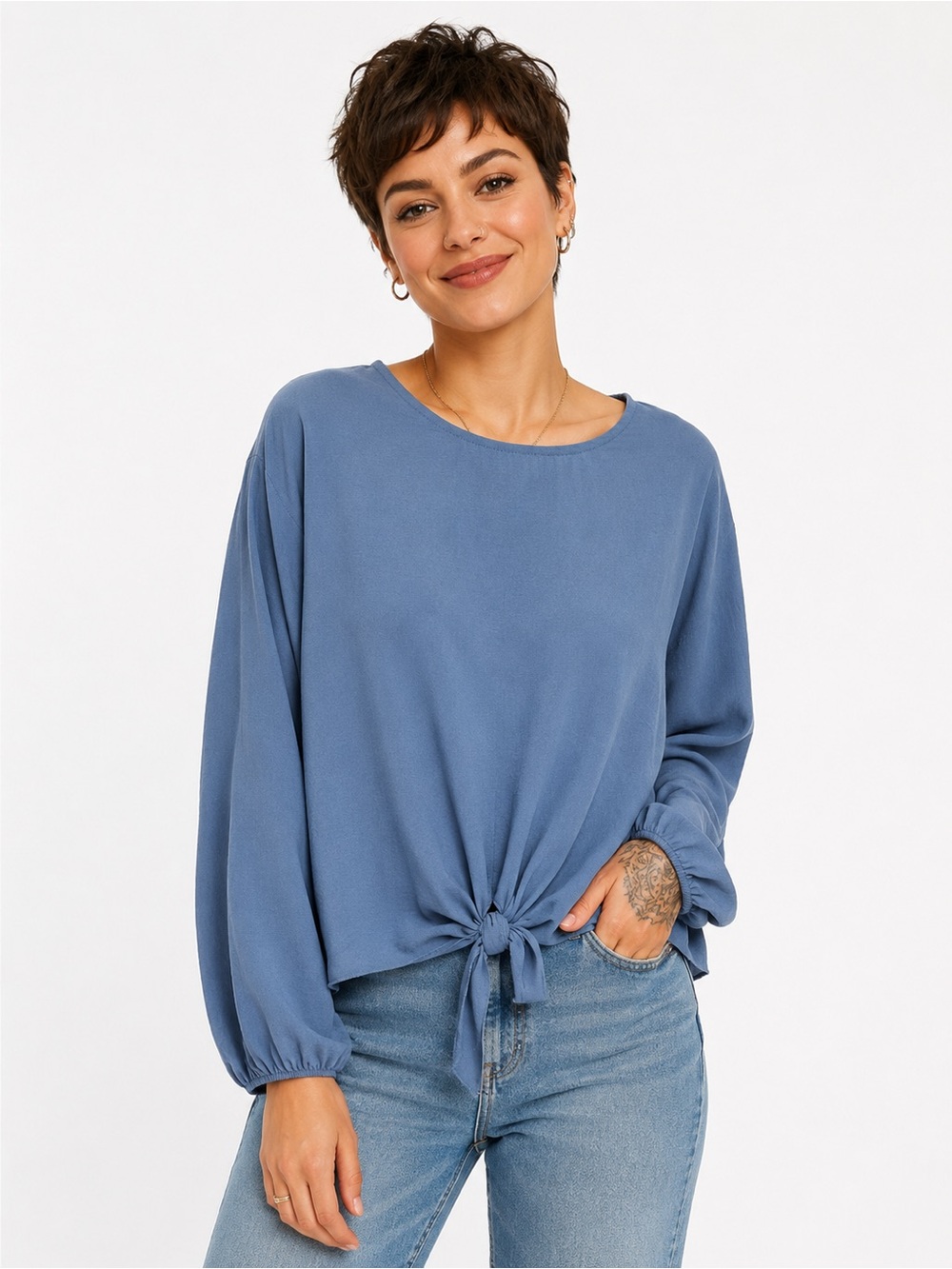 Modo Élégante Dusty Blue Tie-Front Long Sleeve Blouse